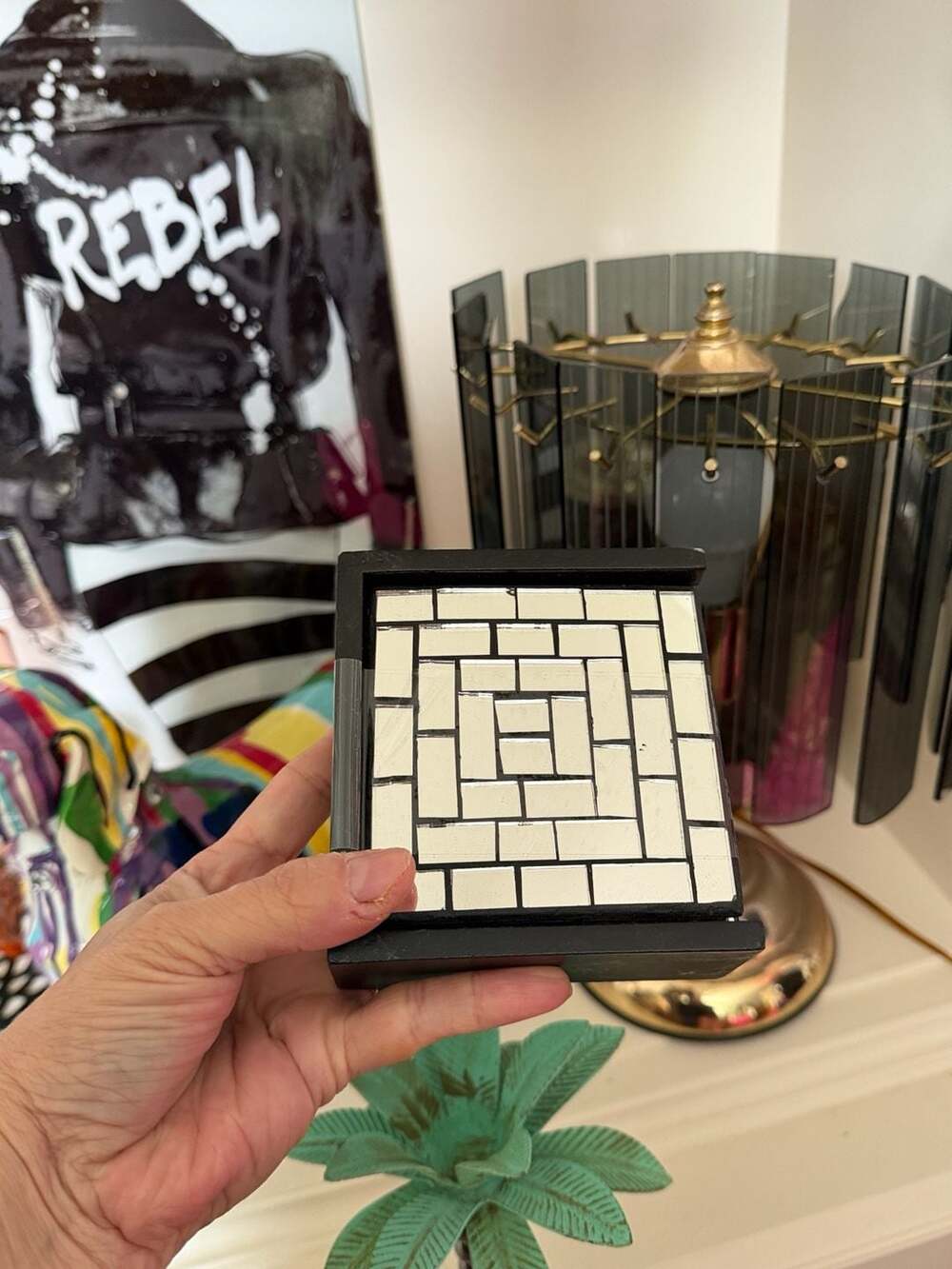 Mosaic Mirrored Square Coaster Set with Black Holder